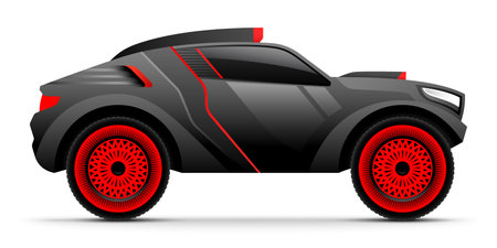 Extreme rally sports car in black and red colors isolated on white background. Aggressive car, safari off road vehicle design, vector illustration.のイラスト素材