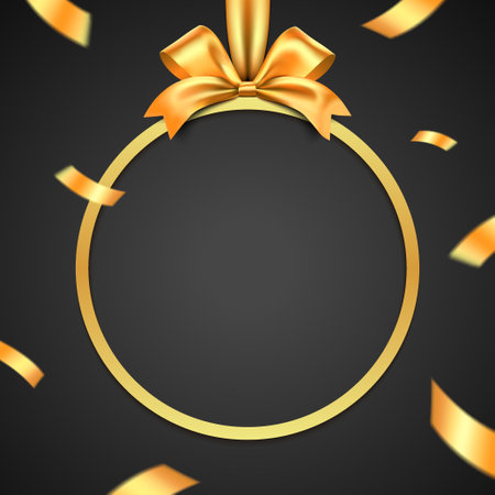 Golden gift box circle frame with bow and exploded ribbon on a black background. Luxury style gift card vector design.のイラスト素材