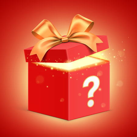Open red gift box with question mark, golden ribbon and magical glitter light, shining from inside. Secret giftbox standing on red gradient background,. Hidden gift vector banner design.のイラスト素材
