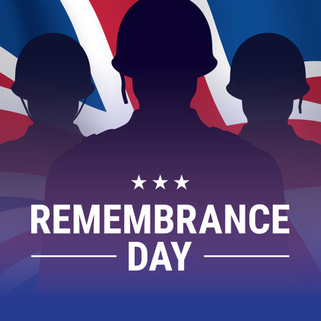 Remembrance day vector card design, with vintage style soldier silhouettes on waving UK flag background. Patriotic British army banner with memorial message.のイラスト素材