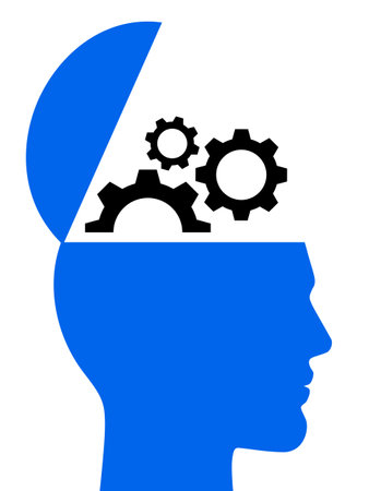 Mans open head with gears, vector icon. Brain functioning, concept vector illustration.のイラスト素材