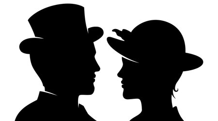 Victorian man and woman in classic style outfit, black silhouette vector illustration.のイラスト素材