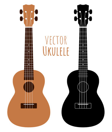 Ukulele simple silhouettes in color and black, vector set.のイラスト素材