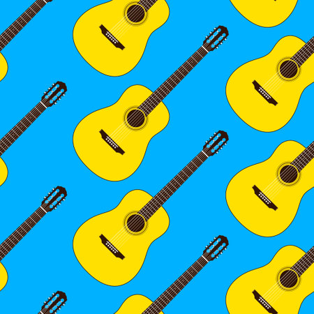 Classical guitars seamless vector pattern on a blue background.のイラスト素材