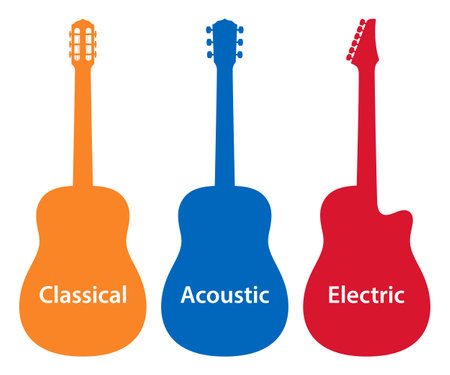 Vector set of different style and shape guitar silhouettes, isolated on a white background.のイラスト素材