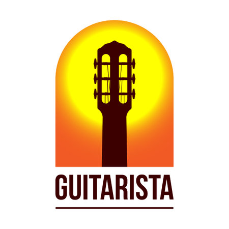 Latino style guitar vector logo, with classical guitar head silhouette on a sunset background.のイラスト素材