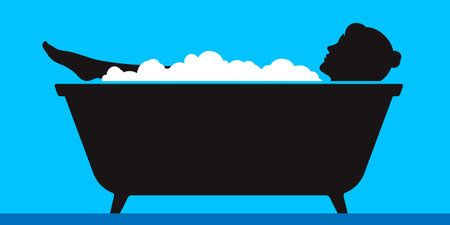 Woman lying in bathtub full of soap foam on a blue wall background. Young lady taking bath in a relaxed pose. Flat style vector illustration.のイラスト素材