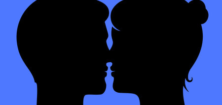 Young couple kissing each other on a blue background. Romantic relationships flat style silhouette vector illustration.のイラスト素材