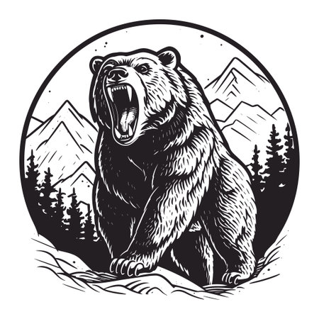 Aggressive grizzly bear on a forest and mountains background. T-shirt print design, wild bear badge vector illustrationのイラスト素材