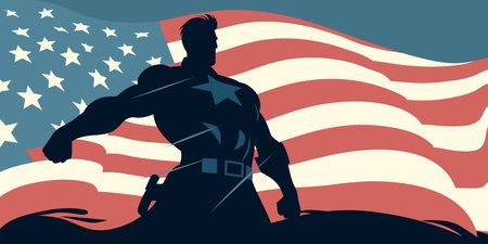 Fictional American hero standing on a waving USA flag background, retro style illustration.のイラスト素材