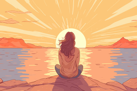 Young woman sitting on rocks, relaxing and enjoying the romantic sunset view, vector illustration.のイラスト素材