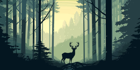 Deer standing on the dreamy forest background, vector poster design in muted color tones.のイラスト素材