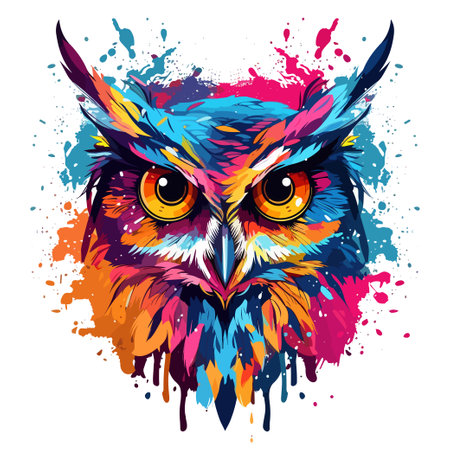 Owl head vibrant painting with colorful brush splashes, vector illustration isolated on white.のイラスト素材
