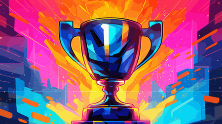 Shiny silver trophy on a vibrant colors low poly modern background, vector illustration.のイラスト素材
