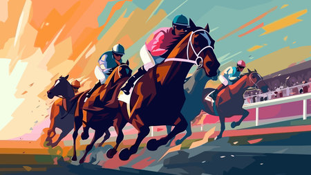 Jockeys sprinting on horses, perspective view flat style colorful vector illustration.のイラスト素材