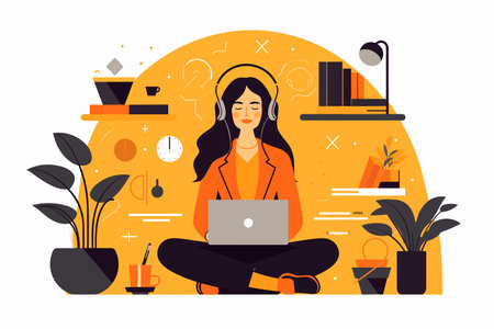 Young woman listening to audio in headphones and feeling relaxed at her room, concept vector illustration.のイラスト素材