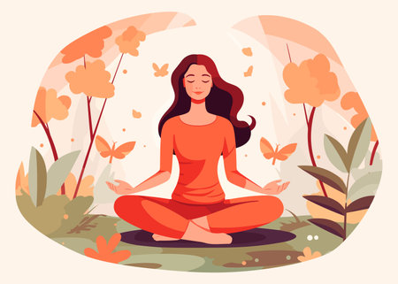 Young woman meditating in a lotus pose, on orange color nature background, flat vector illustration.のイラスト素材