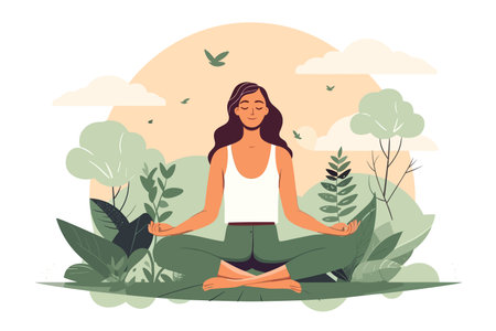 Young woman meditating in a lotus pose, on fresh nature background, flat vector illustration.のイラスト素材