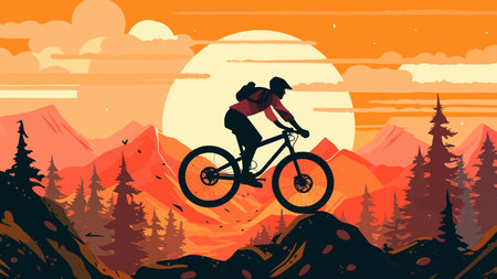 Extreme mountain biker jumping on rock hills, on a mountainous, beautiful wild nature background during sunset, vector illustration.のイラスト素材