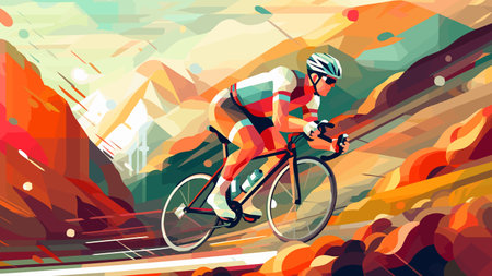 Professional bicyclist riding a bike on abstract orange color graphic background. Cycle sport low poly style poster, vector illustrationのイラスト素材