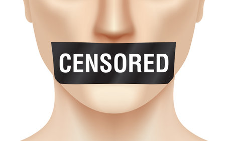 Person with CENSORED duct tape covering his mouth. Free speech censorship, concept vector illustration.のイラスト素材