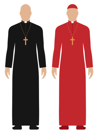 Vector set of priest dressed in black and red cassock, isolated on white background.のイラスト素材