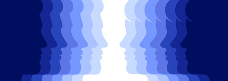 Men and women abstract vector banner background in white and blue color shades.のイラスト素材