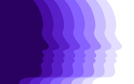Women silhouette portrait in purple color shades, abstract vector banner background.のイラスト素材