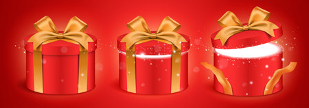 Set of round red gift boxes with golden ribbon and magical glitter glowing light, shining from inside. Shiny present box standing on the red background. Holiday surprise gift vector banner design.のイラスト素材
