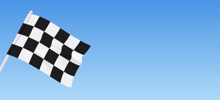 Checkered racing flag hanging on a blue sky background with copy space, symbolizing the start or finish of a motor race event, vector illustration.のイラスト素材