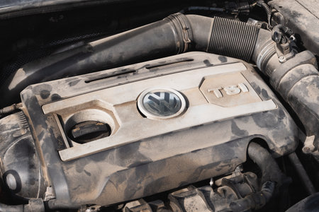 A Volkswagen TSI engine covered with a layer of dust, detailing the wear of regular use.のeditorial素材