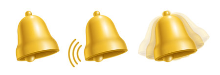 Vector set of three yellow bells showing various stages of ringing, from still to high motion, isolated on a white background.のイラスト素材