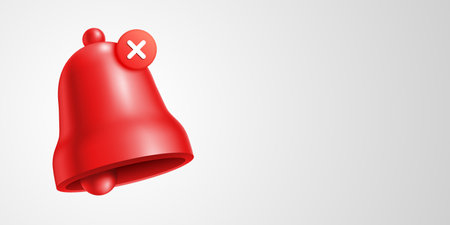 Red bell with an X icon notification sign, indicating a rejection or alert status on a plain white...