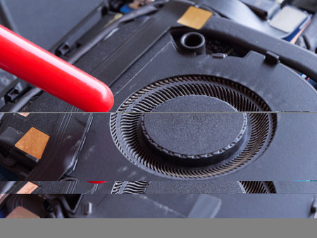 Cleaning the cooler fan of a laptop with an air blower duster nozzle. This activity helps remove...