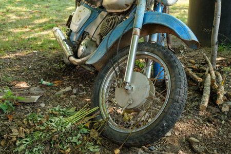 Old motorcycle resting on the ground surrounded by overgrown greenery in a rural areaの写真素材