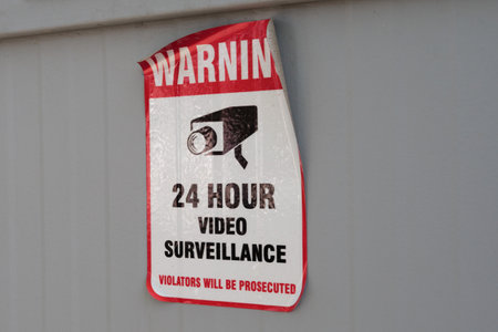 Peeling warning sign informs about 24 hour video surveillance and prosecution of violators