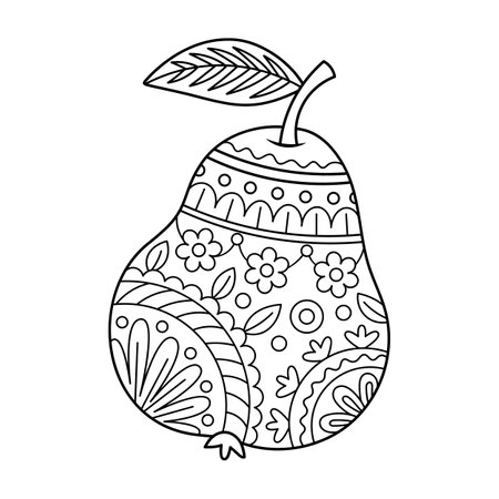 Ornamental Pear Outline Drawing. This is a black-and-white vector illustration of a pear, filled with intricate, ornamental patterns.のイラスト素材