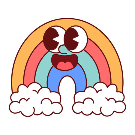 Smiling Cartoon Rainbow. A cheerful vector illustration of a cartoon rainbow with a happy face.のイラスト素材