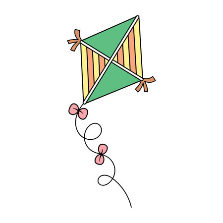 Colorful Kite with Tail. This vector image depicts a colorful kite in a cartoon style. The kite features a geometric design with triangular segments in green, orange, and yellow.のイラスト素材