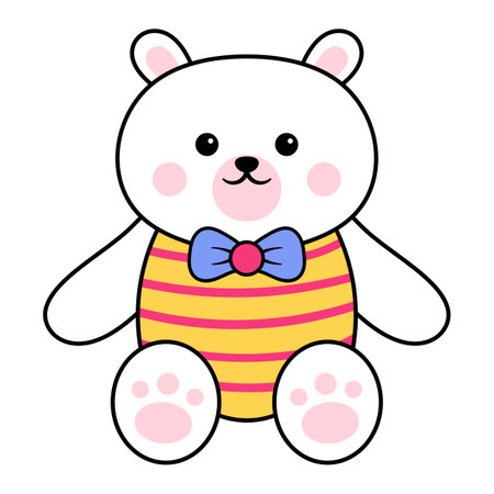 Cute Bear with Bow Tie. This charming illustration depicts an adorable white bear with a happy expression, making it perfect for children's designs or playful decorations.のイラスト素材