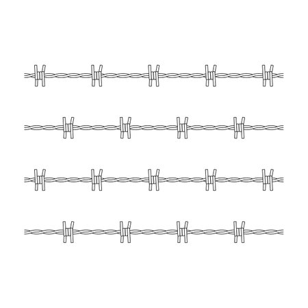 Barbed Wire Vector Illustration. Each row consists of twisted wires with sharp barbs evenly spaced along the line, designed in a minimalistic and symmetrical style.のイラスト素材