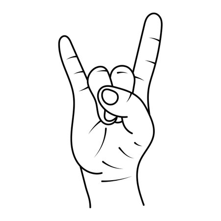 Rock Hand Gesture Outline Vector Illustration. This black and white vector illustration features a stylized human hand making the iconic rock on or devil horns gesture.のイラスト素材
