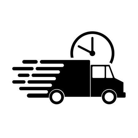Fast Delivery Truck with Clock Icon Black Vector Silhouette. Delivery truck in motion, symbolizing speed and efficiency. A large clock icon is integrated into the upper right.のイラスト素材