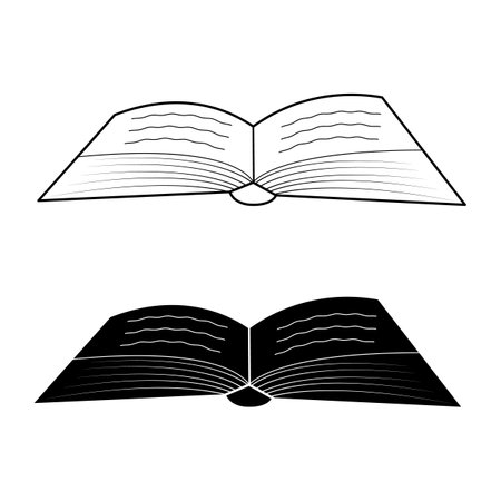 Open Book Vector Illustration Outline and Solid Versions. The top version features a clean black outline with curved lines. The bottom version is a solid black silhouette.のイラスト素材