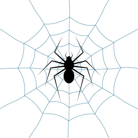Black Spider on Web Vector Illustration. Minimalist vector illustration depicting a black spider positioned in the center of its intricate web.のイラスト素材