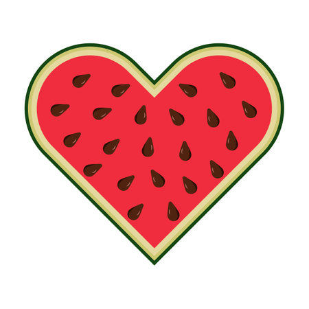 Heart Shaped Watermelon Slice with Seeds Vector Illustration. A colorful vector illustration of a watermelon slice in the shape of a heart.のイラスト素材