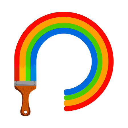 Painted Rainbow Brush Stroke Vector Illustration. This vibrant vector illustration features a realistic wooden paintbrush creating a perfect rainbow arc.のイラスト素材