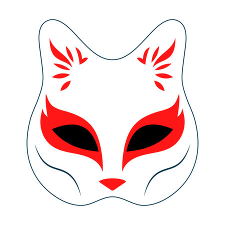 Fox Mask with Red Tribal Ornament Vector Illustration. A vector illustration of a fox face mask featuring bold, symmetrical red tribal patterns around the eyes, forehead and nose.のイラスト素材