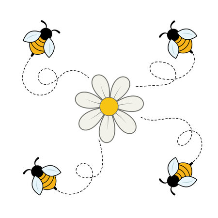 Bees Flying Around a Daisy Flower Vector Illustration. This charming vector illustration features four adorable bees buzzing playfully around a single daisy flower at the center.のイラスト素材