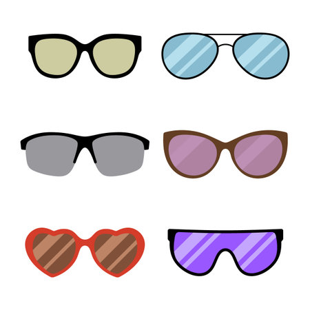 Set of Stylish Sunglasses Vector Illustration. Each pair showcases a unique design and lens color. This colorful collection is ideal for summer, fashion, accessory themed projects.のイラスト素材